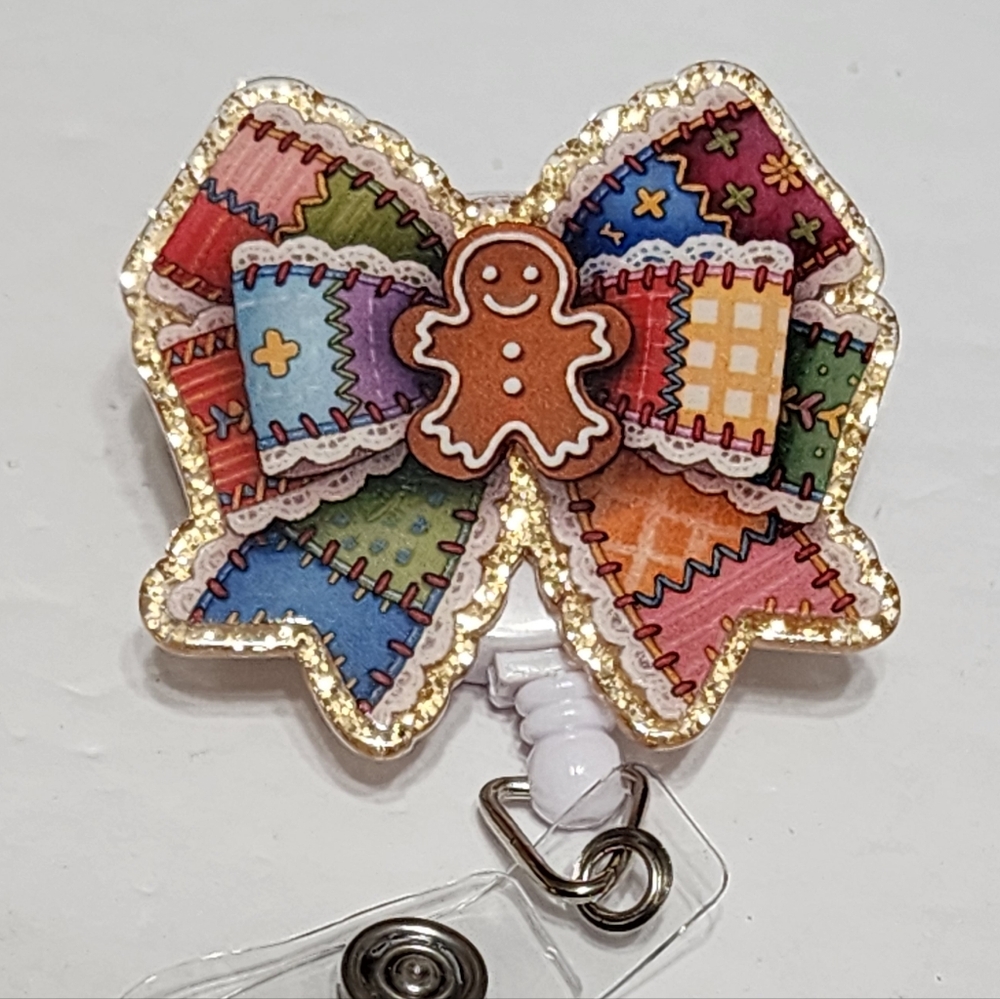 Gingerbread Man Bow Christmas Badge Reel ID Coworker Gift Holiday Stocking‎
